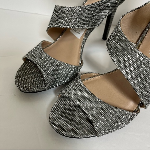 Christian Siriano Silver Sparkle Ankle Wrap Open Toe Heels - Picture 3 of 12